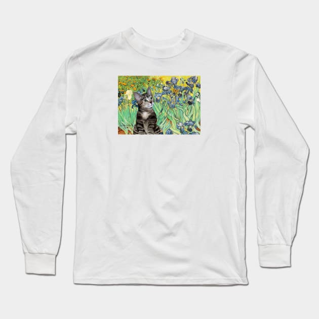 "Irises" the Masterpiece by Van Gogh has been Adapted to Include a Tabby Cat Long Sleeve T-Shirt by Dogs Galore and More